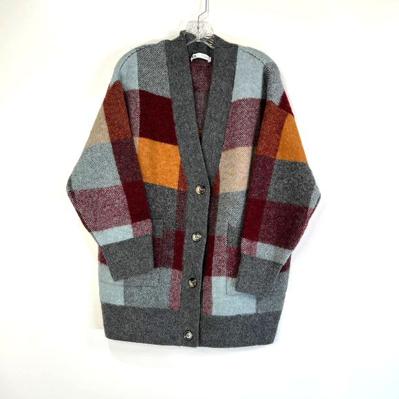 Zara Sweaters - Zara Checked Knit Cardigan Oversized V Neck Long Sleeves
